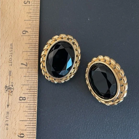 Vintage Givenchy Paris Goldtone And Faceted Black Cabochon Clip Earrings